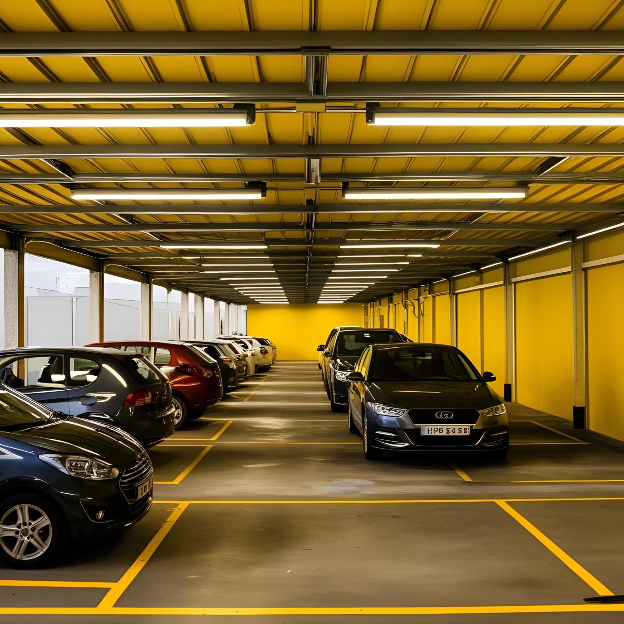 A brightly lit indoor parking area with a row of various parked cars, featuring yellow walls and marked parking spaces. The ceiling has parallel fluorescent lights. park2jetdenver