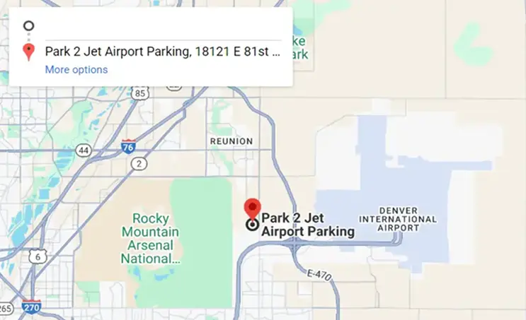 Map showing the location of Park 2 Jet Airport Parking near Denver International Airport.