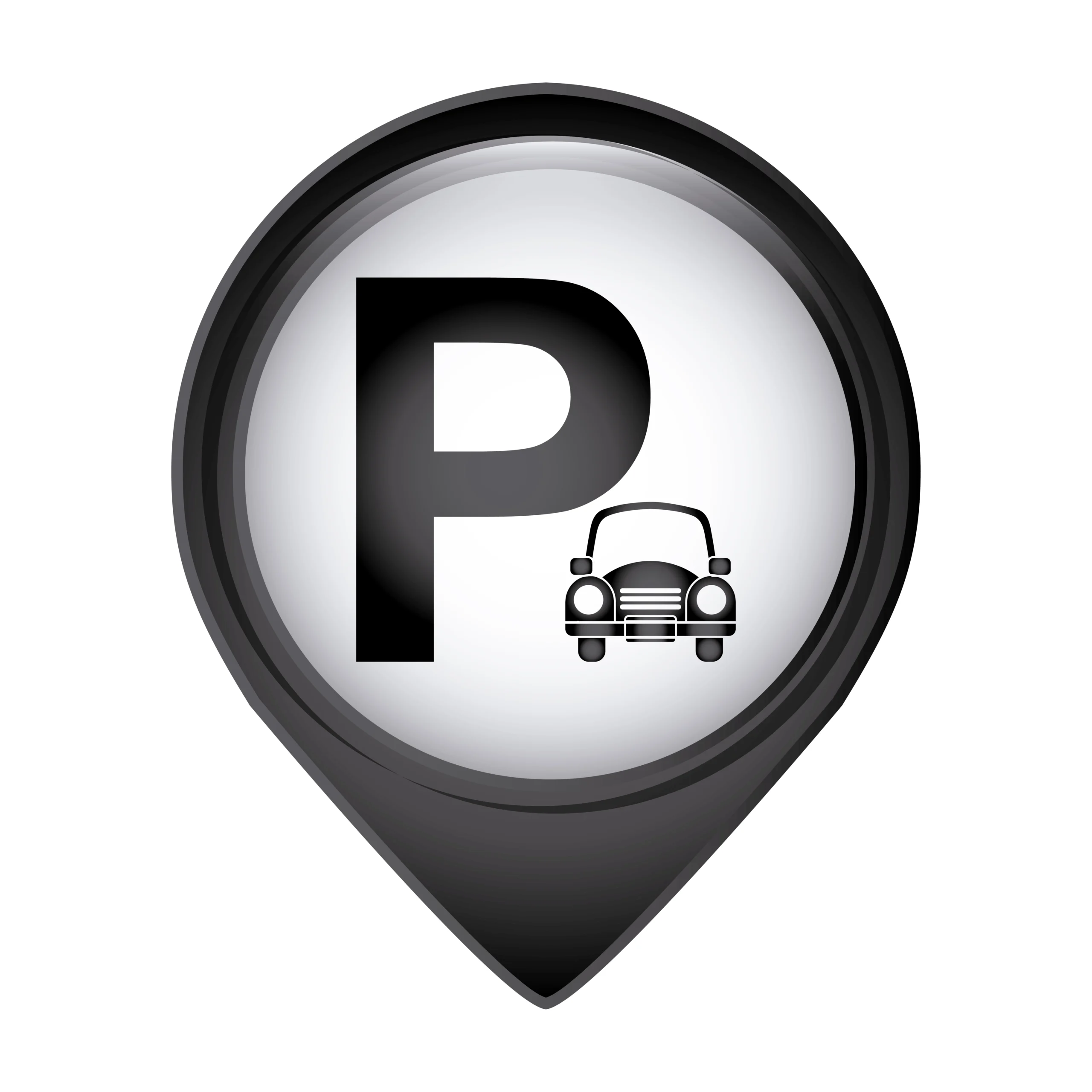 Black map pin icon with a large letter P and a car symbol inside, indicating a parking location or parking area. park2jetdenver